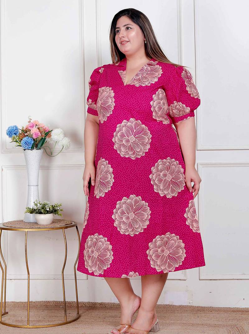 Doriyaan plus size womens pink printed collar neck short puff sleeves cotton a-line maxi dress