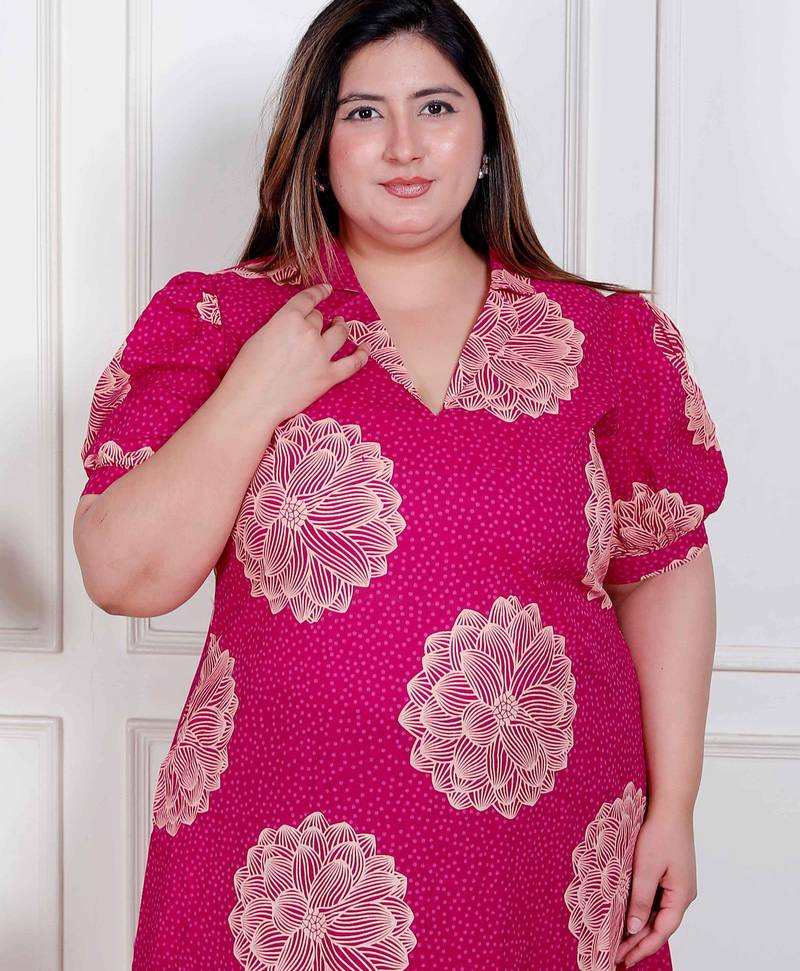 Doriyaan plus size womens pink printed collar neck short puff sleeves cotton a-line maxi dress