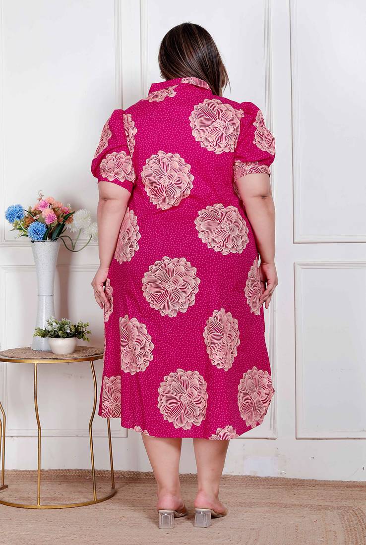 Doriyaan plus size womens pink printed collar neck short puff sleeves cotton a-line maxi dress
