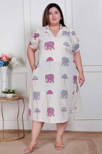 Doriyaan plus size womens flex cotton short sleeve off white animal print a-line maxi dress