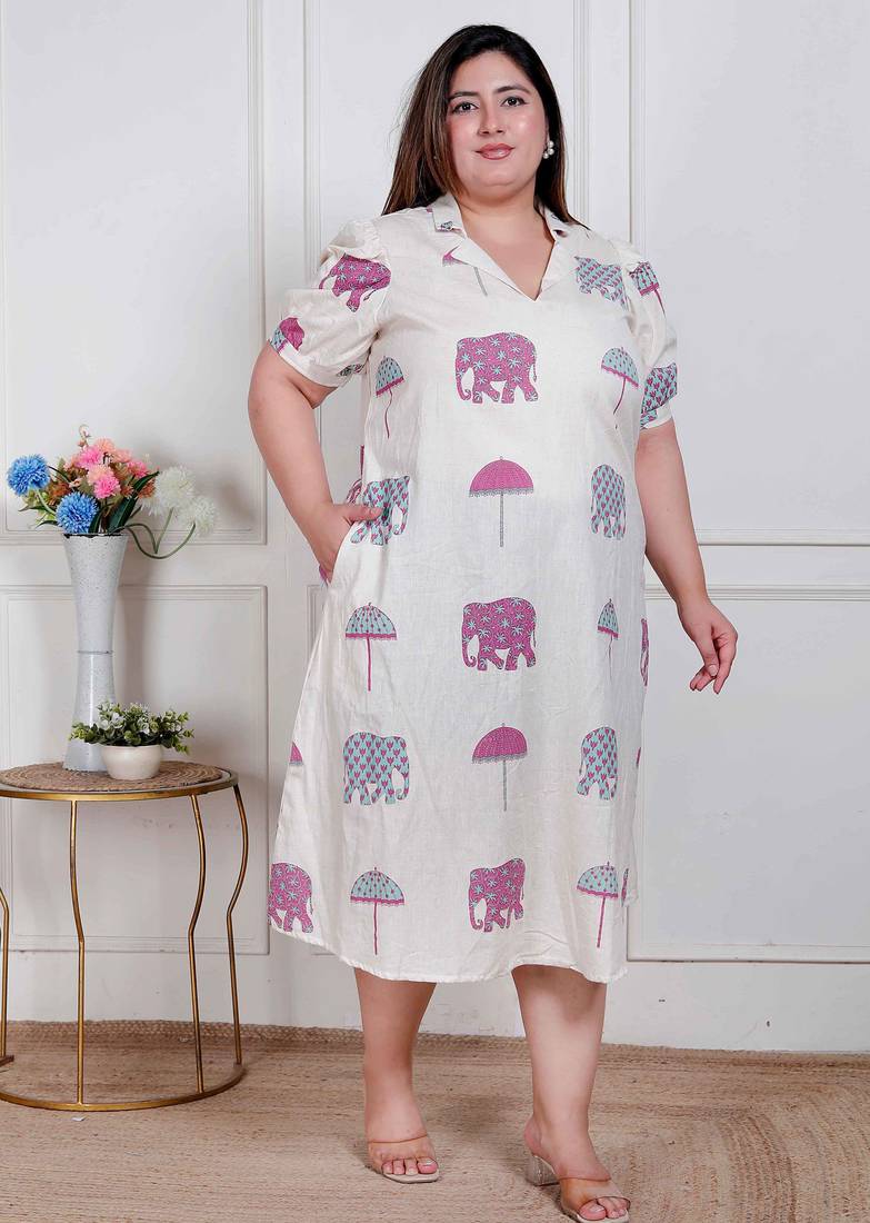 Doriyaan plus size womens flex cotton short sleeve off white animal print a-line maxi dress