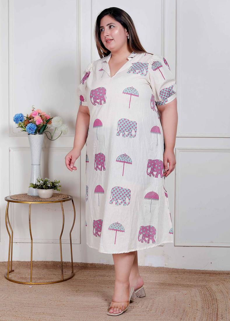 Doriyaan plus size womens flex cotton short sleeve off white animal print a-line maxi dress