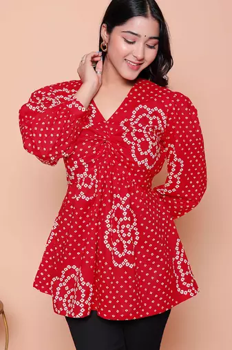 Doriyaan womens red bandhani printed cotton butterfly design  top