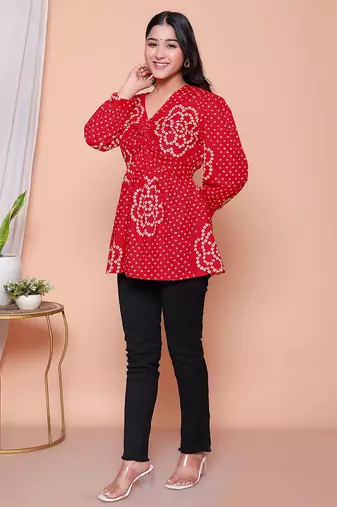 womens red bandhani printed cotton butterfly design  top