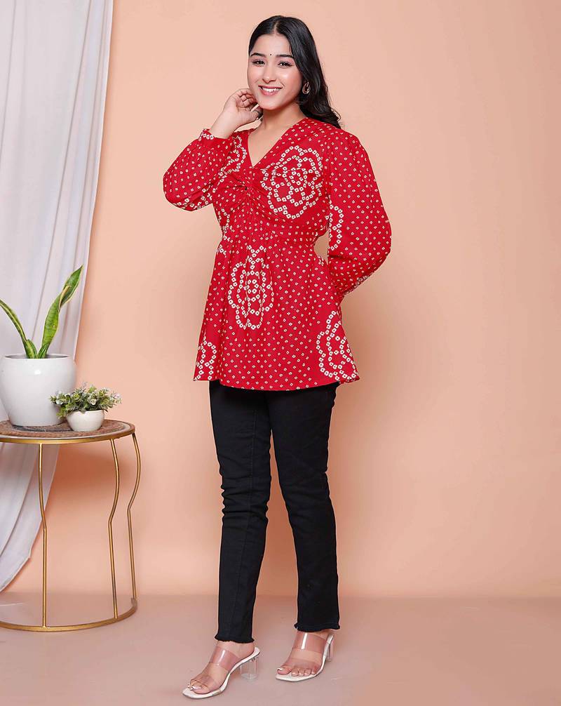 Doriyaan womens red bandhani printed cotton butterfly design  top