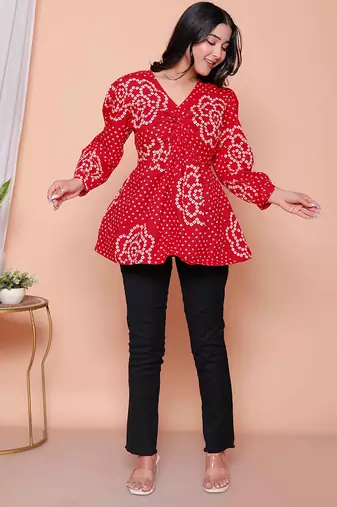 womens red bandhani printed cotton butterfly design  top