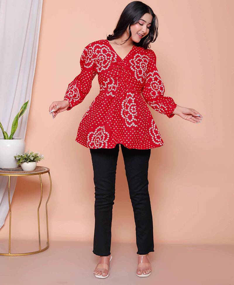 Doriyaan womens red bandhani printed cotton butterfly design  top