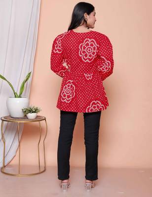 womens red bandhani printed cotton butterfly design  top 4