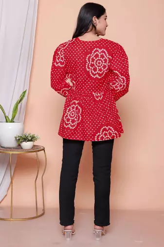 womens red bandhani printed cotton butterfly design  top
