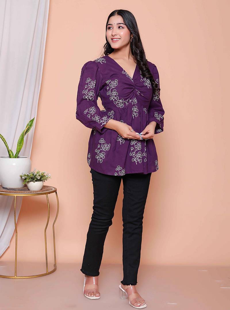 Doriyaan womens cotton  butterfly style floral print v-neck  top