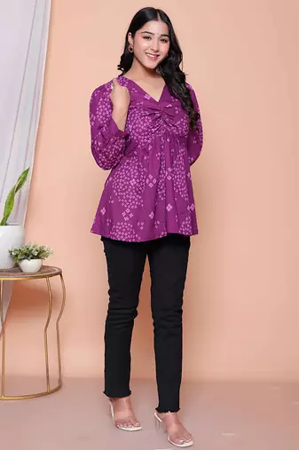Doriyaan womens purple bandhani printed butterfly style top
