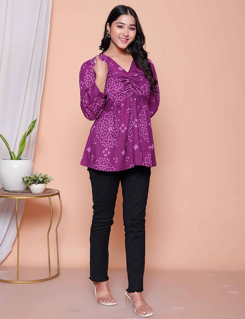 Doriyaan womens purple bandhani printed butterfly style top