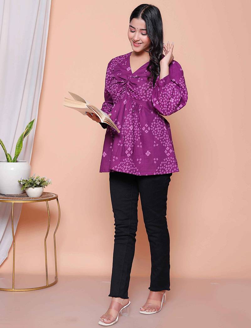 Doriyaan womens purple bandhani printed butterfly style top