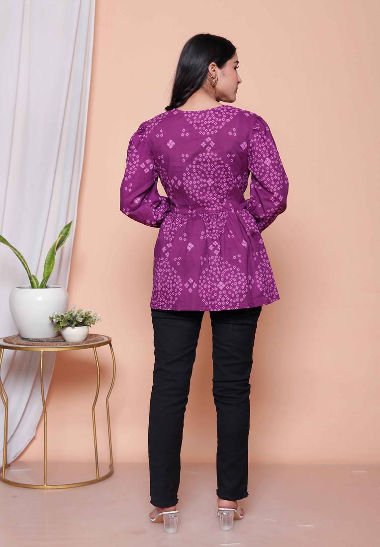 Doriyaan womens purple bandhani printed butterfly style top