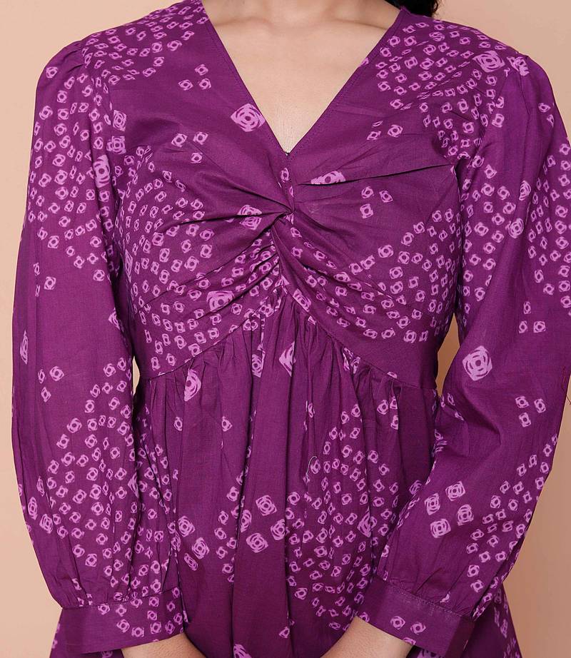 Doriyaan womens purple bandhani printed butterfly style top