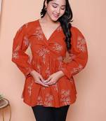 Doriyaan womens rust floral printed balloon sleeves v neck butterfly  top