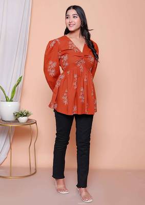 womens rust floral printed balloon sleeves v neck butterfly  top 2