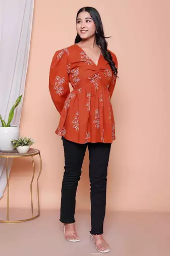 Doriyaan womens rust floral printed balloon sleeves v neck butterfly  top