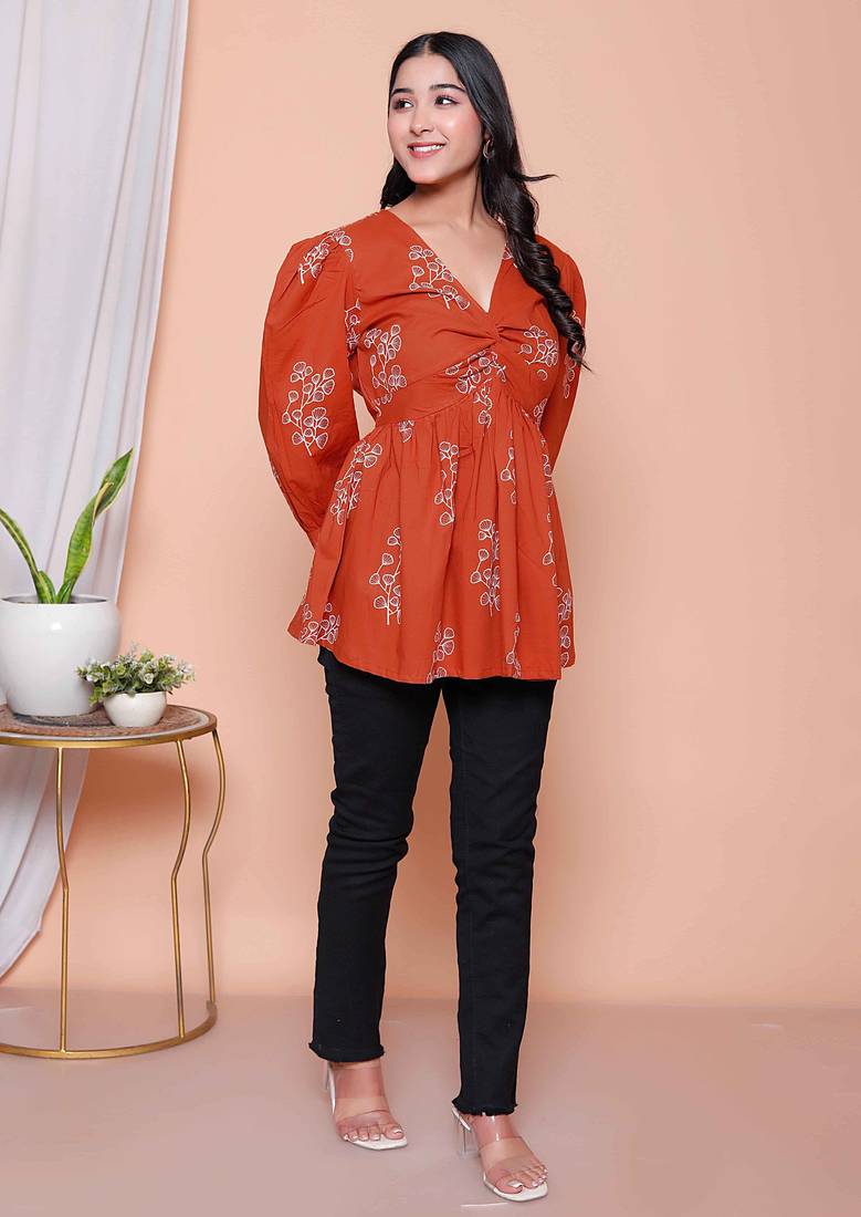 Doriyaan womens rust floral printed balloon sleeves v neck butterfly  top