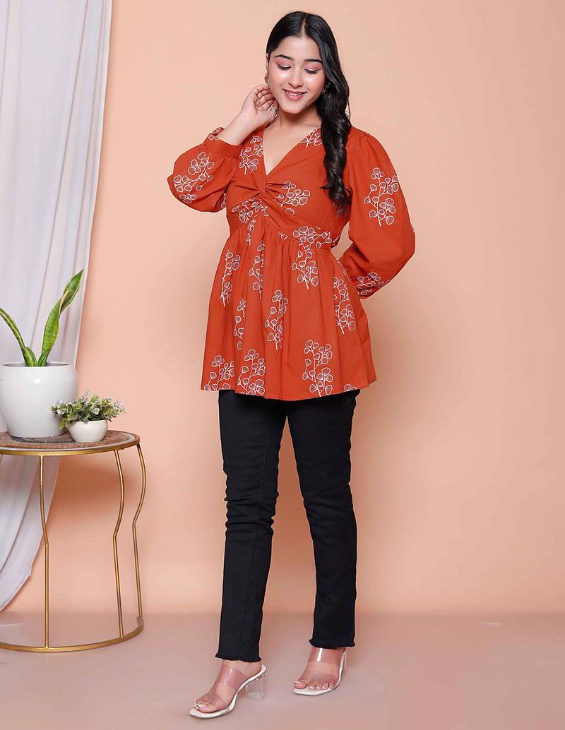 Doriyaan womens rust floral printed balloon sleeves v neck butterfly  top