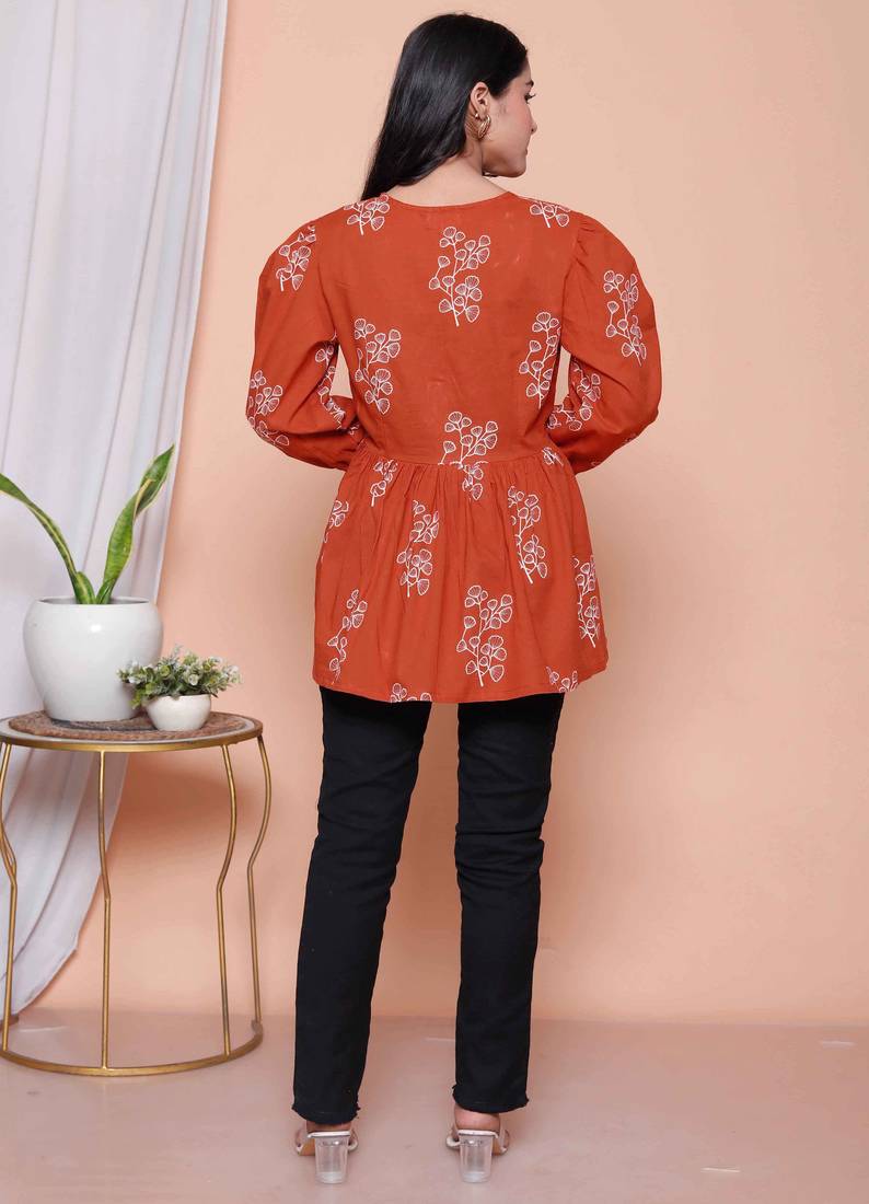 Doriyaan womens rust floral printed balloon sleeves v neck butterfly  top