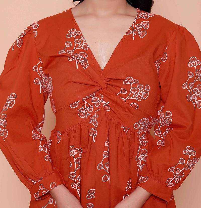 Doriyaan womens rust floral printed balloon sleeves v neck butterfly  top