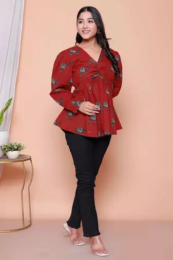 Doriyaan womens brown animal  printed balloon sleeves v neck butterfly  top