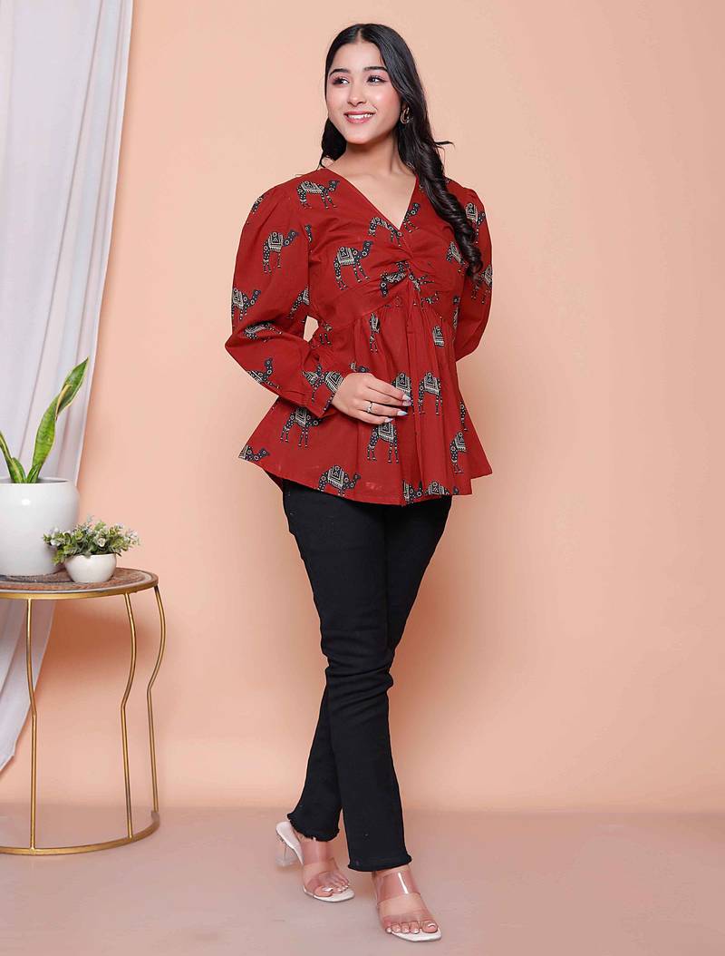 Doriyaan womens brown animal  printed balloon sleeves v neck butterfly  top