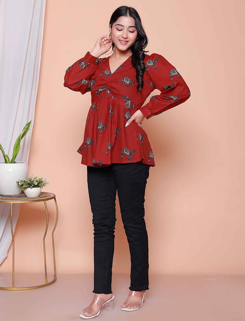 Doriyaan womens brown animal  printed balloon sleeves v neck butterfly  top