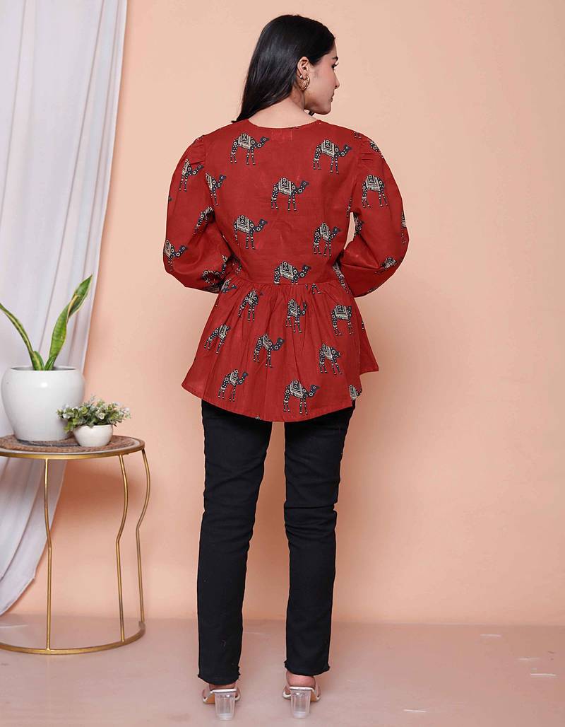 Doriyaan womens brown animal  printed balloon sleeves v neck butterfly  top