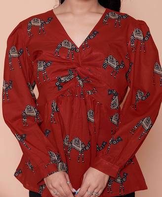 womens brown animal  printed balloon sleeves v neck butterfly  top 5