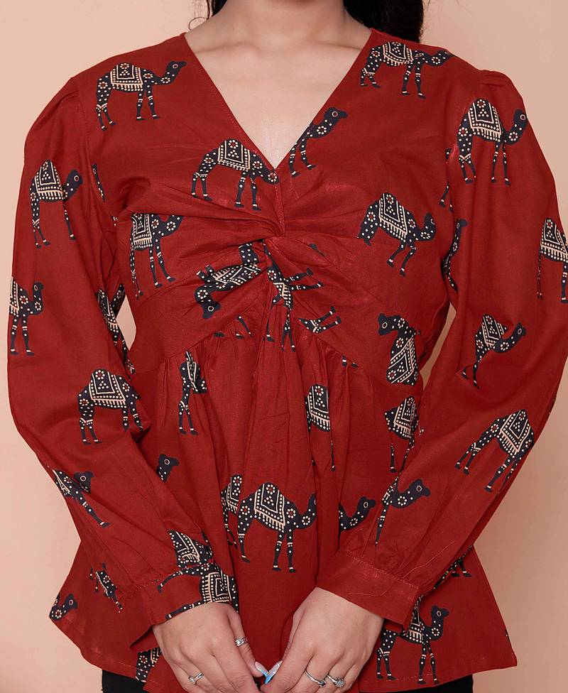 Doriyaan womens brown animal  printed balloon sleeves v neck butterfly  top