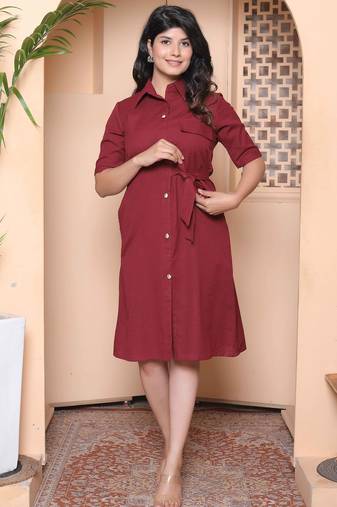 Doriyaan womens maroon solid a-line dress with belt