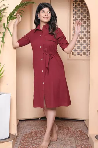 Doriyaan womens maroon solid a-line dress with belt