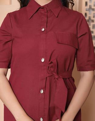 womens maroon solid a-line dress with belt 5
