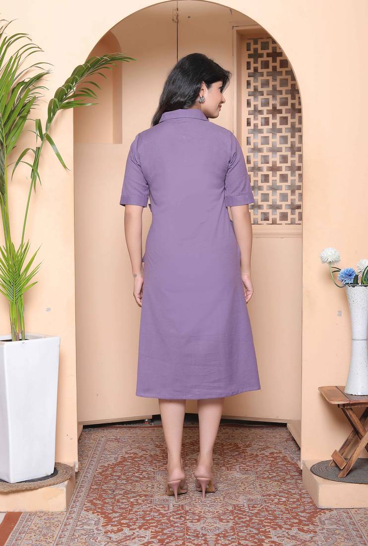 Doriyaan womens purple solid half sleeve midi dress with belt