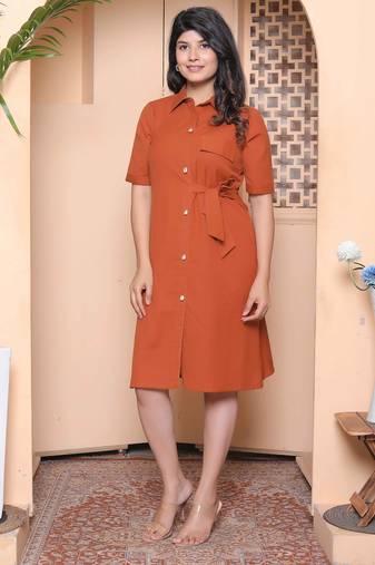 Doriyaan womens rust solid midi dress and side belt
