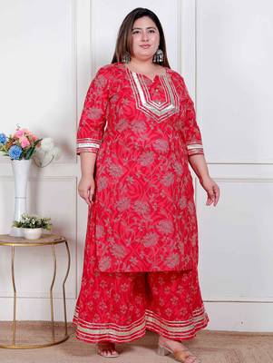  plus size women's red cotton gota work kurta with palazzo 1