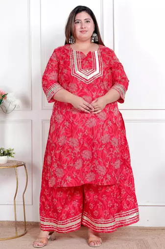  plus size women's red cotton gota work kurta with palazzo