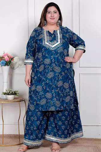  plus size women's cotton floral printed v-neck kurta with flared palazzo