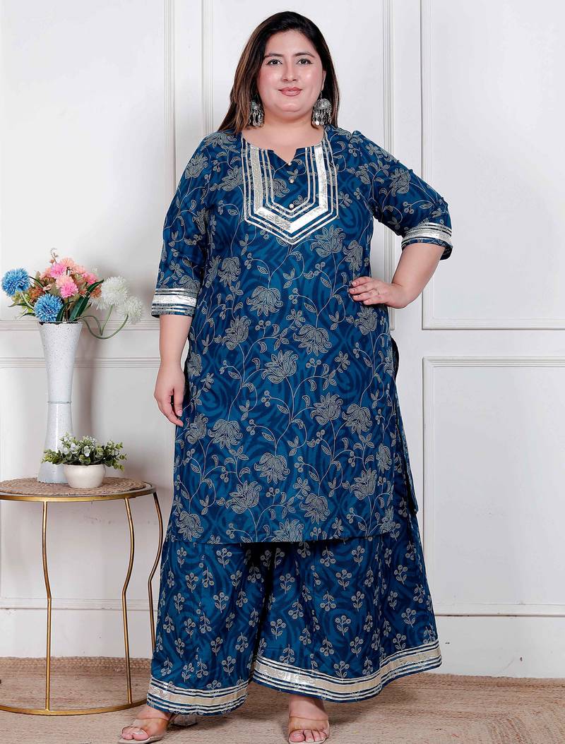  plus size women's cotton floral printed v-neck kurta with flared palazzo