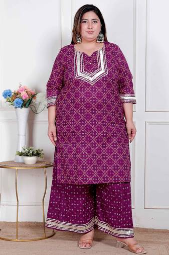  plus size women cotton magenta gota work kurta with flared palazzo