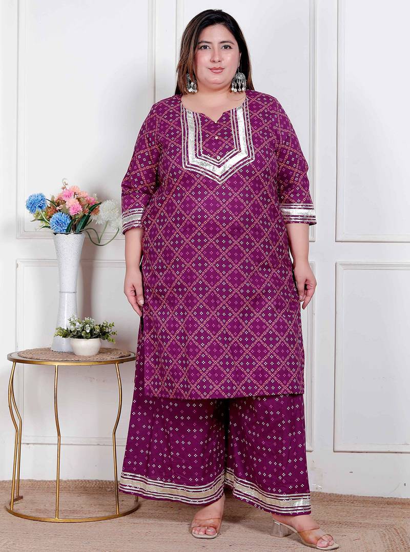  plus size women cotton magenta gota work kurta with flared palazzo