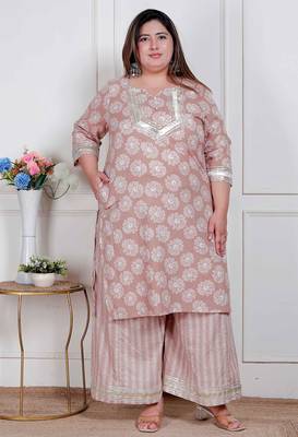  plus size women brown floral printed straight ethnic kurta with palazzo 1
