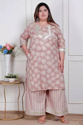  plus size women brown floral printed straight ethnic kurta with palazzo