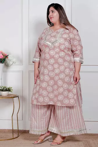  plus size women brown floral printed straight ethnic kurta with palazzo