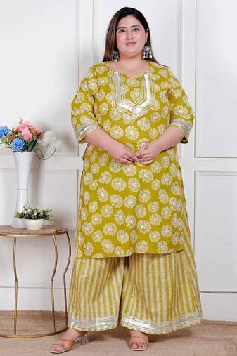  plus size women's lime yellow block printed kurta with palazzo
