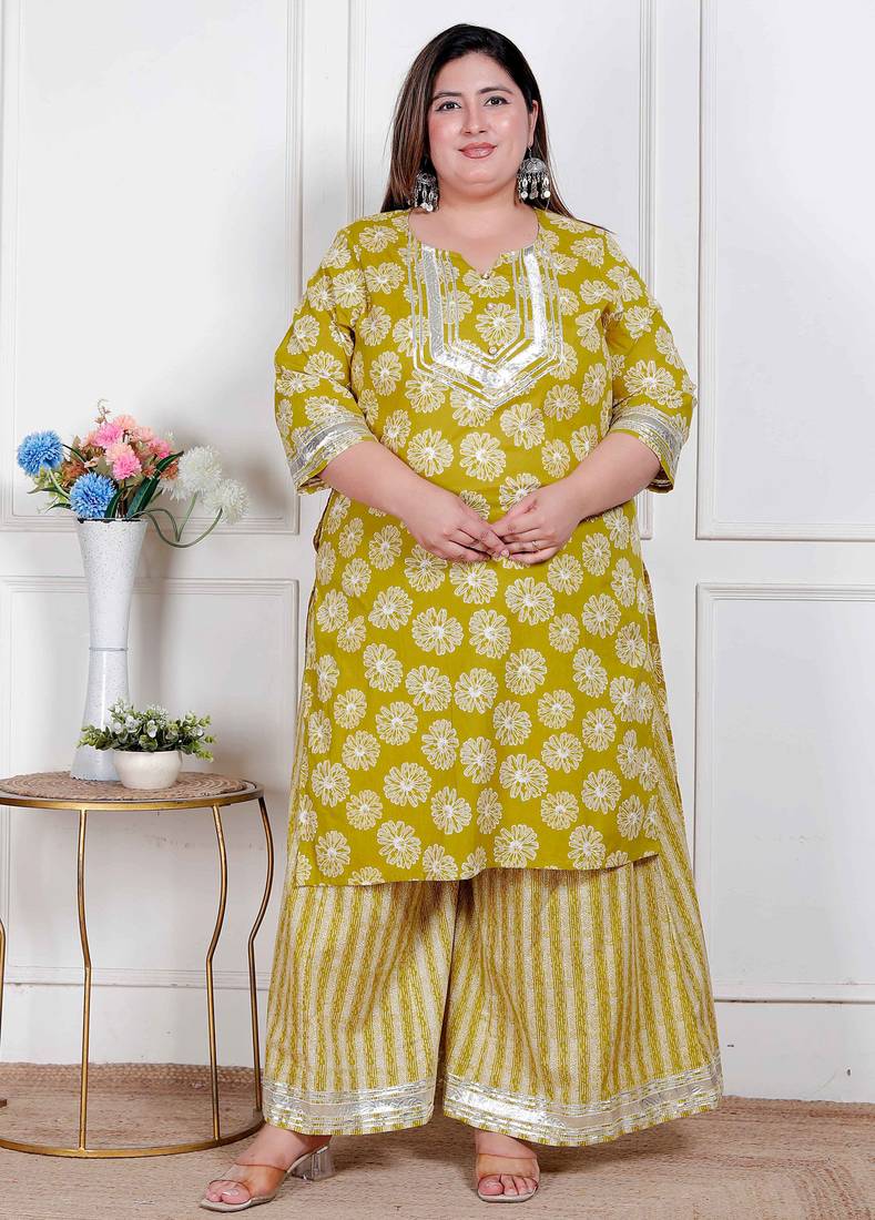  plus size women's lime yellow block printed kurta with palazzo