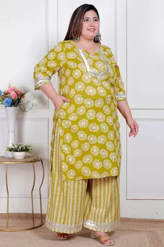 plus size women's lime yellow block printed kurta with palazzo
