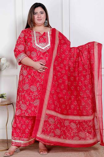  plus size red floral print embroidered cotton straight kurta with palazzo & dupatta